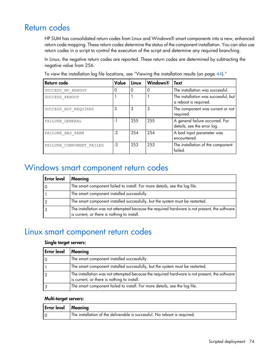 Return codes, Windows smart component return codes, Linux smart component return codes | HP Integrity rx2800 i2 Server User Manual | Page 74 / 124