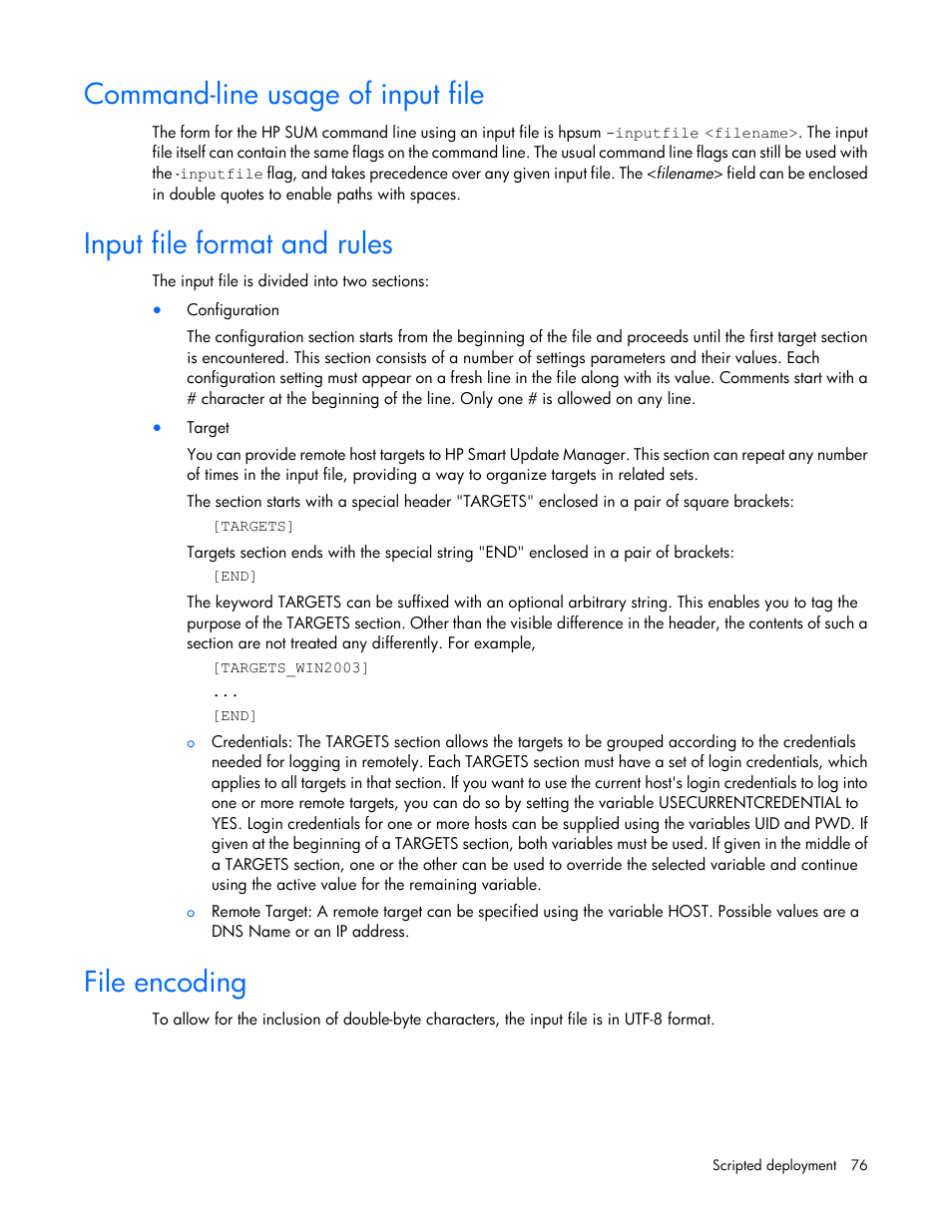 Command-line usage of input file, Input file format and rules, File encoding | HP Integrity rx2800 i2 Server User Manual | Page 76 / 124