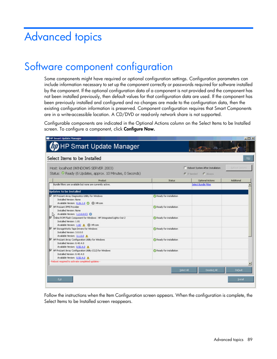 Advanced topics, Software component configuration | HP Integrity rx2800 i2 Server User Manual | Page 89 / 124