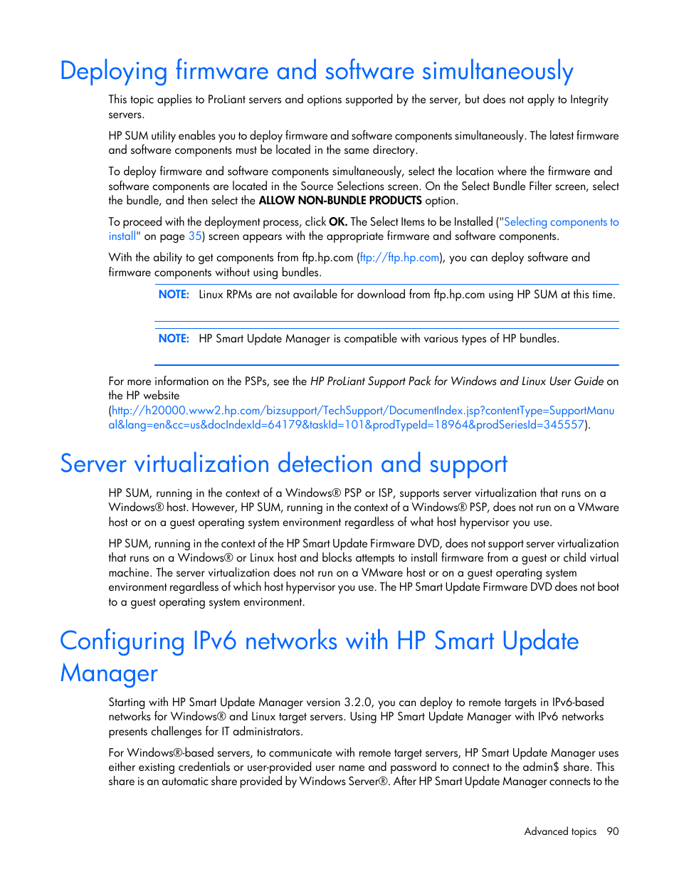 Deploying firmware and software simultaneously, Server virtualization detection and support | HP Integrity rx2800 i2 Server User Manual | Page 90 / 124