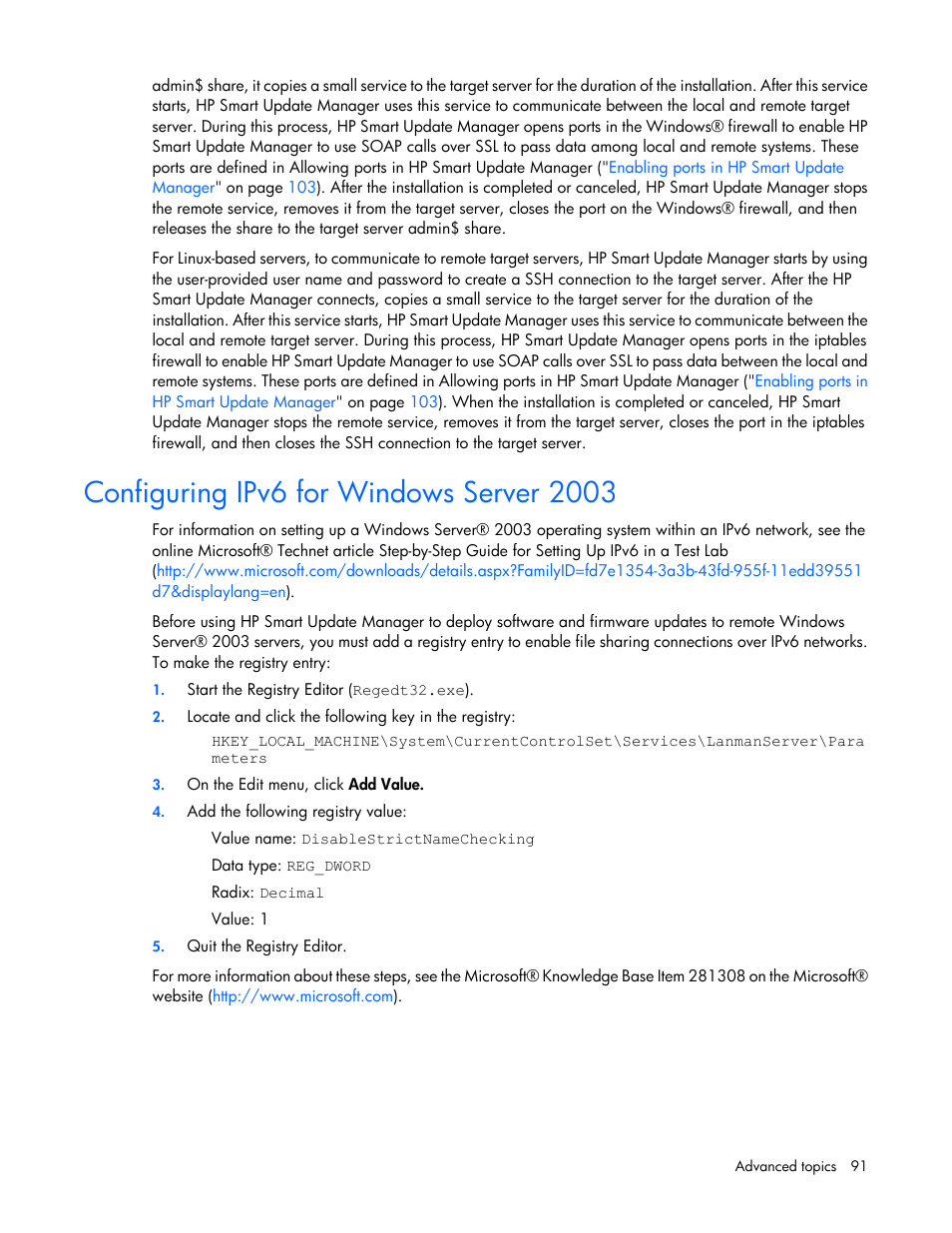 Configuring ipv6 for windows server 2003 | HP Integrity rx2800 i2 Server User Manual | Page 91 / 124