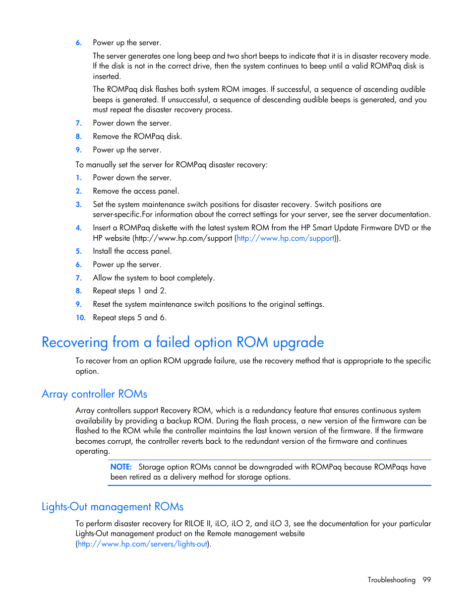 Recovering from a failed option rom upgrade, Array controller roms, Lights-out management roms | HP Integrity rx2800 i2 Server User Manual | Page 99 / 124