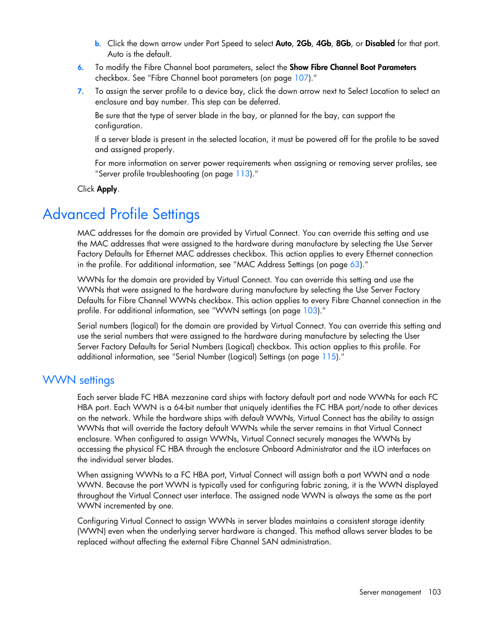 Advanced profile settings, Wwn settings | HP Virtual Connect 8Gb 24-port Fibre Channel Module for c-Class BladeSystem User Manual | Page 103 / 162