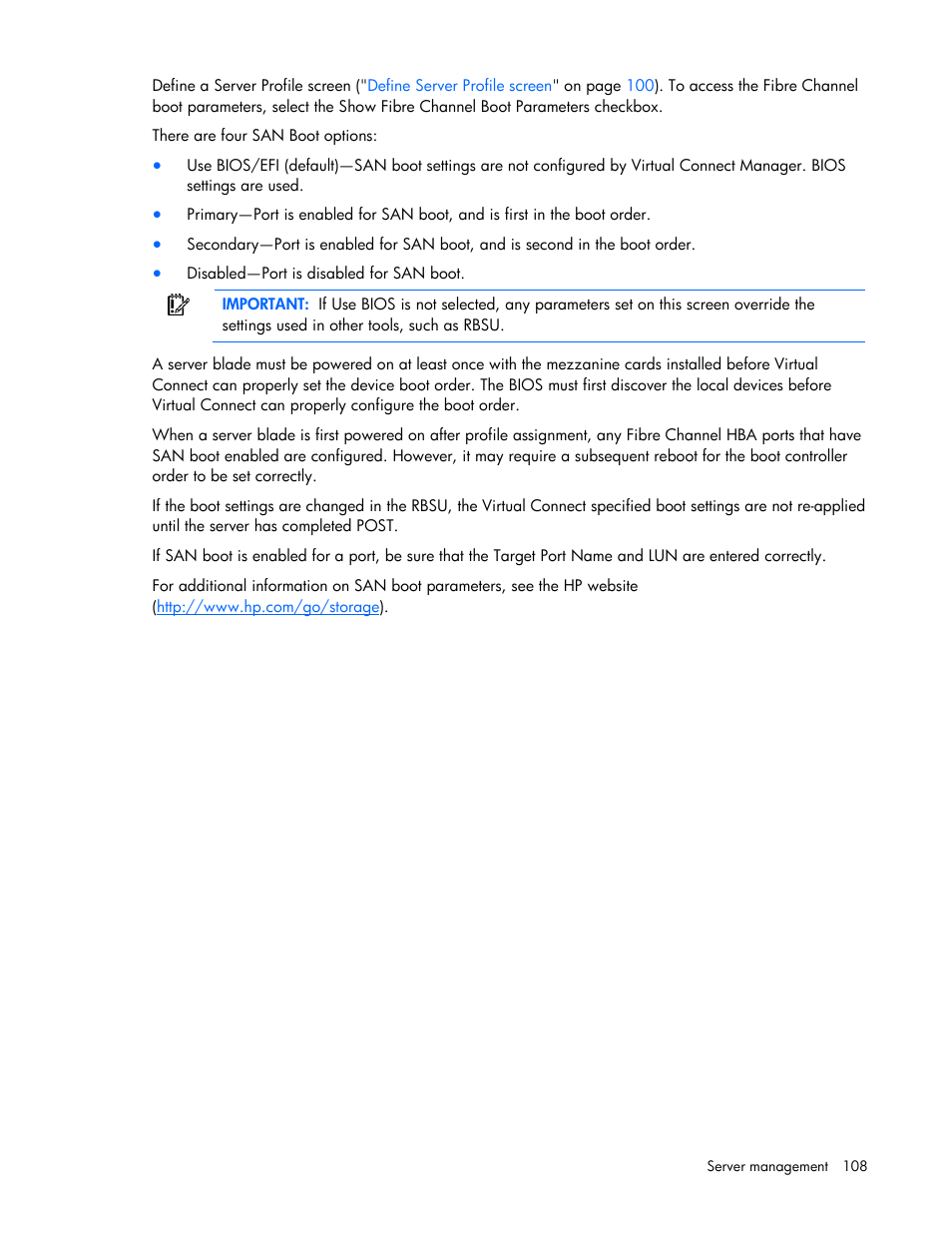 HP Virtual Connect 8Gb 24-port Fibre Channel Module for c-Class BladeSystem User Manual | Page 108 / 162