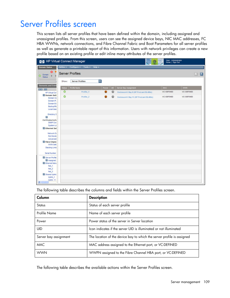 Server profiles screen | HP Virtual Connect 8Gb 24-port Fibre Channel Module for c-Class BladeSystem User Manual | Page 109 / 162