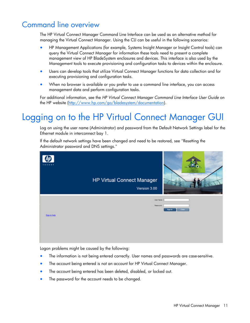Command line overview, Logging on to the hp virtual connect manager gui | HP Virtual Connect 8Gb 24-port Fibre Channel Module for c-Class BladeSystem User Manual | Page 11 / 162