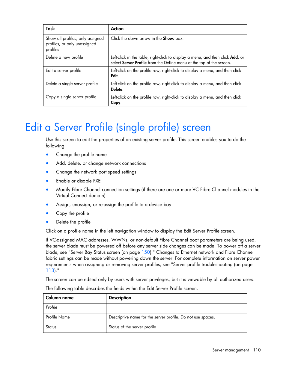 Edit a server profile (single profile) screen | HP Virtual Connect 8Gb 24-port Fibre Channel Module for c-Class BladeSystem User Manual | Page 110 / 162