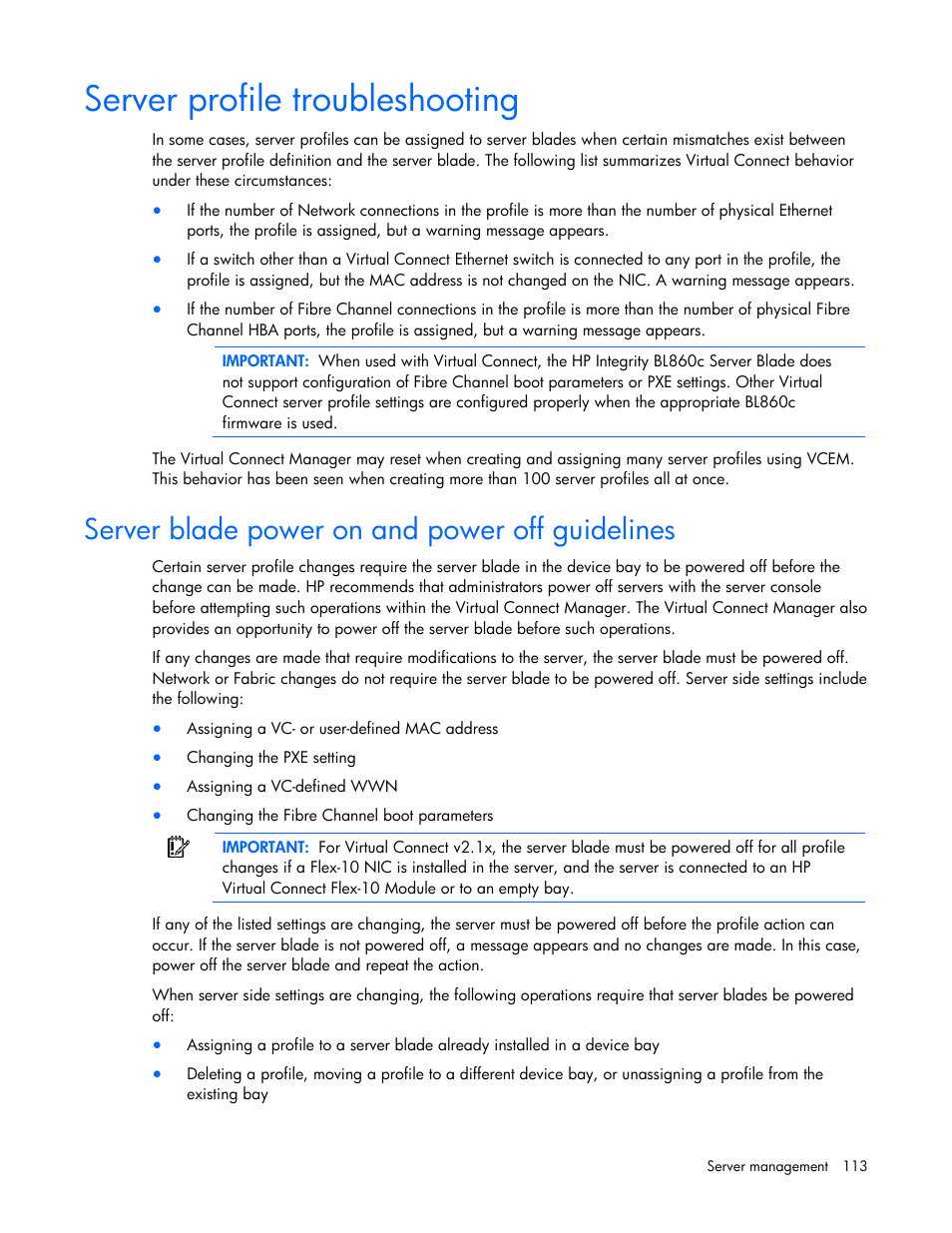 Server profile troubleshooting, Server blade power on and power off guidelines | HP Virtual Connect 8Gb 24-port Fibre Channel Module for c-Class BladeSystem User Manual | Page 113 / 162