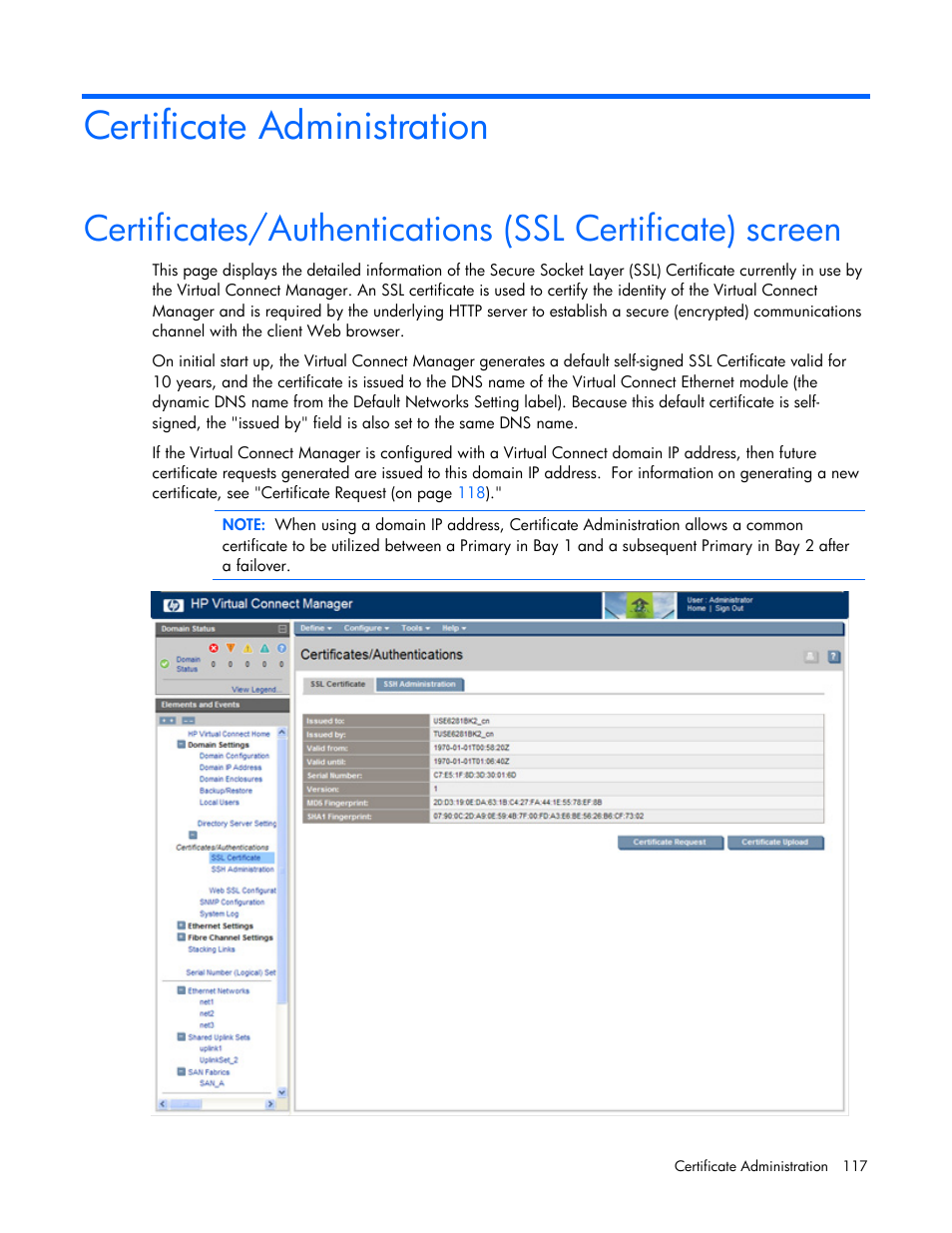 Certificate administration | HP Virtual Connect 8Gb 24-port Fibre Channel Module for c-Class BladeSystem User Manual | Page 117 / 162