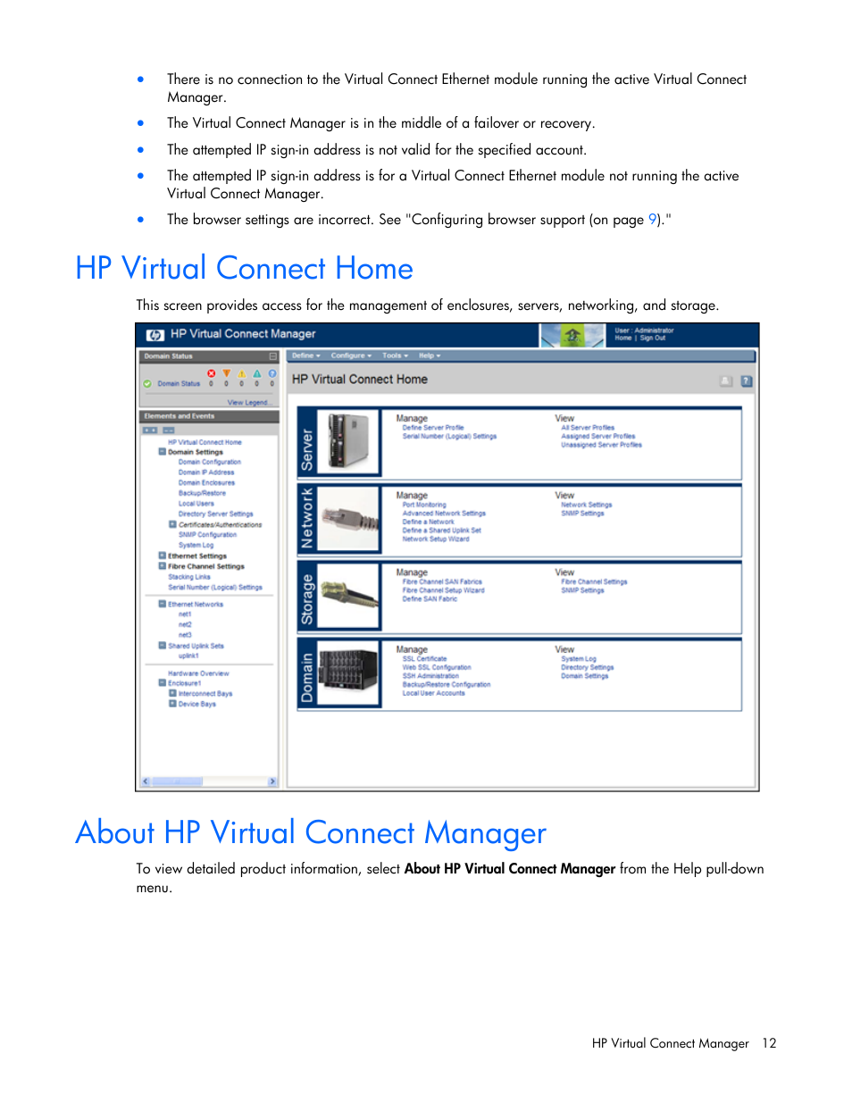 Hp virtual connect home, About hp virtual connect manager | HP Virtual Connect 8Gb 24-port Fibre Channel Module for c-Class BladeSystem User Manual | Page 12 / 162