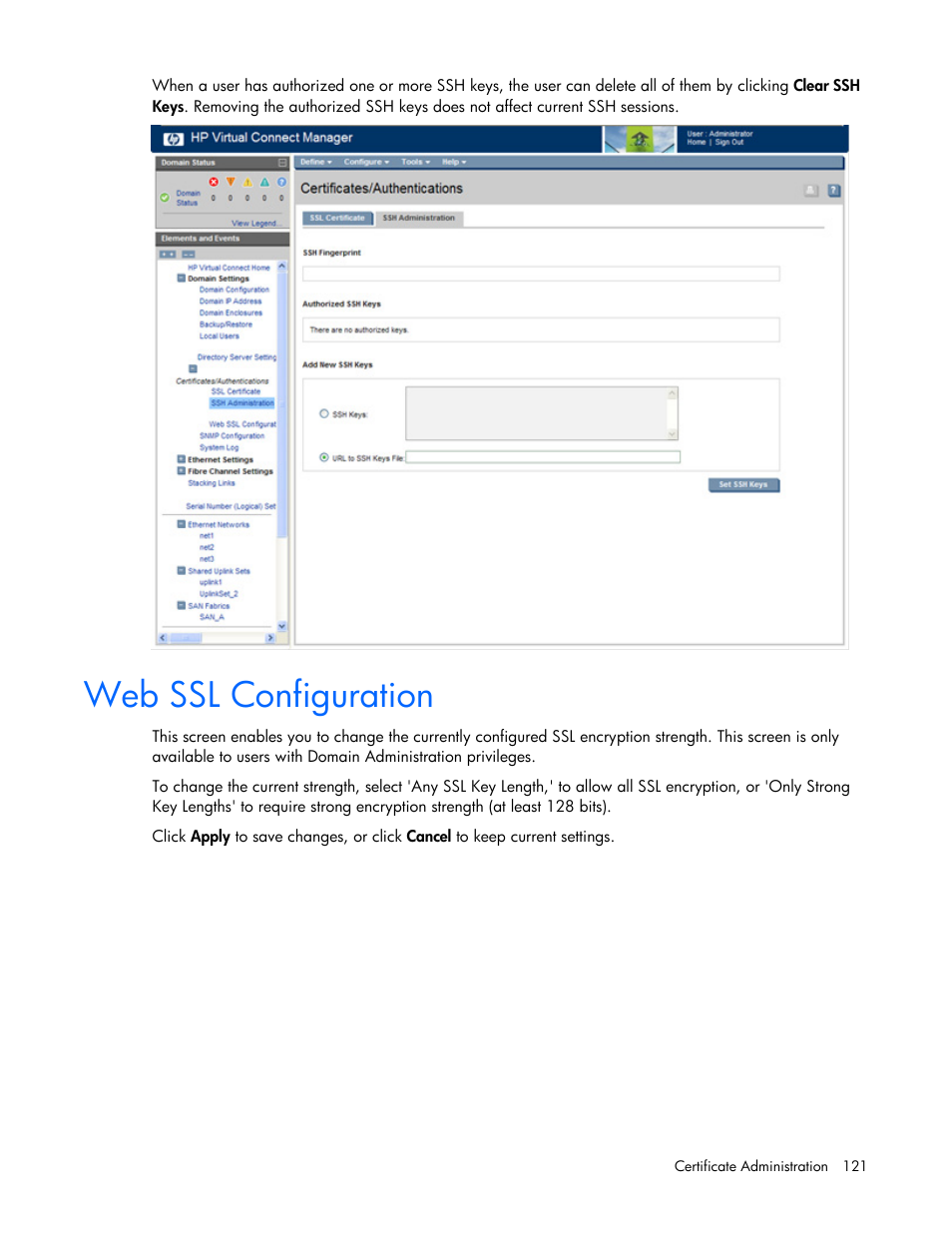 Web ssl configuration | HP Virtual Connect 8Gb 24-port Fibre Channel Module for c-Class BladeSystem User Manual | Page 121 / 162