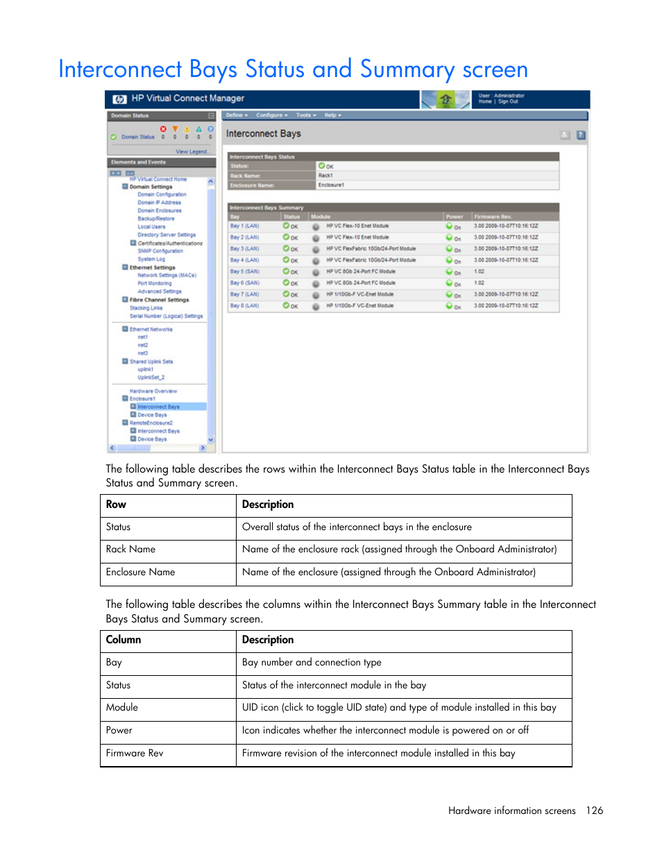 Interconnect bays status and summary screen | HP Virtual Connect 8Gb 24-port Fibre Channel Module for c-Class BladeSystem User Manual | Page 126 / 162