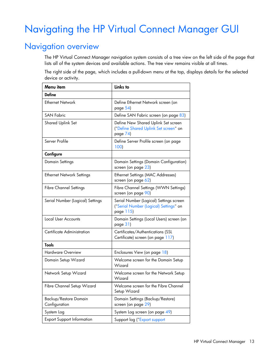 Navigating the hp virtual connect manager gui, Navigation overview | HP Virtual Connect 8Gb 24-port Fibre Channel Module for c-Class BladeSystem User Manual | Page 13 / 162