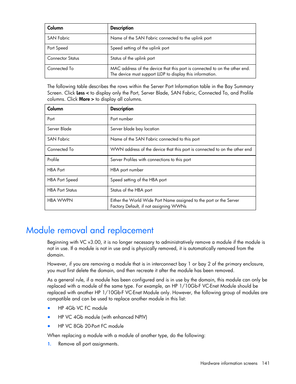 Module removal and replacement | HP Virtual Connect 8Gb 24-port Fibre Channel Module for c-Class BladeSystem User Manual | Page 141 / 162