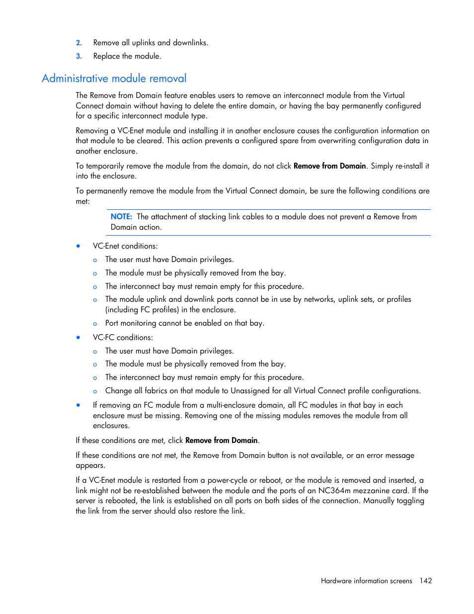 Administrative module removal | HP Virtual Connect 8Gb 24-port Fibre Channel Module for c-Class BladeSystem User Manual | Page 142 / 162