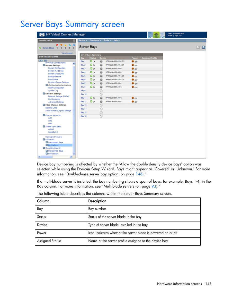 Server bays summary screen | HP Virtual Connect 8Gb 24-port Fibre Channel Module for c-Class BladeSystem User Manual | Page 145 / 162