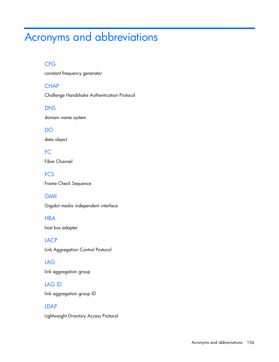 Acronyms and abbreviations | HP Virtual Connect 8Gb 24-port Fibre Channel Module for c-Class BladeSystem User Manual | Page 156 / 162