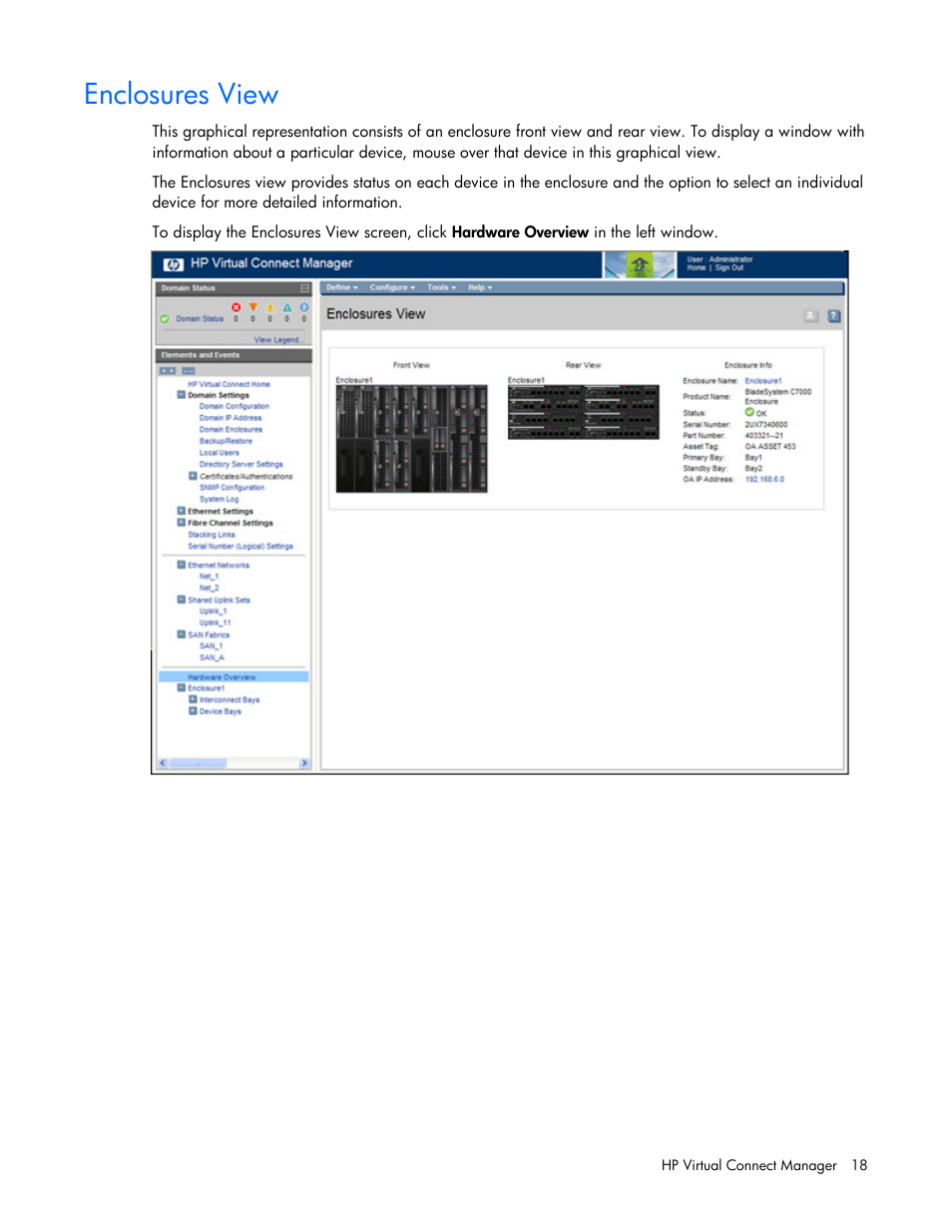 Enclosures view | HP Virtual Connect 8Gb 24-port Fibre Channel Module for c-Class BladeSystem User Manual | Page 18 / 162
