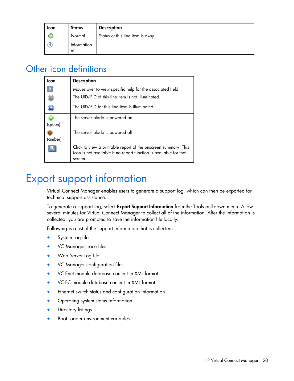 Other icon definitions, Export support information, Export support | HP Virtual Connect 8Gb 24-port Fibre Channel Module for c-Class BladeSystem User Manual | Page 20 / 162