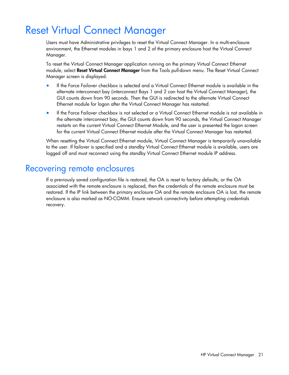 Reset virtual connect manager, Recovering remote enclosures | HP Virtual Connect 8Gb 24-port Fibre Channel Module for c-Class BladeSystem User Manual | Page 21 / 162