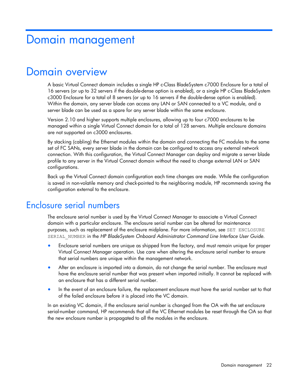 Domain management, Domain overview, Enclosure serial numbers | HP Virtual Connect 8Gb 24-port Fibre Channel Module for c-Class BladeSystem User Manual | Page 22 / 162