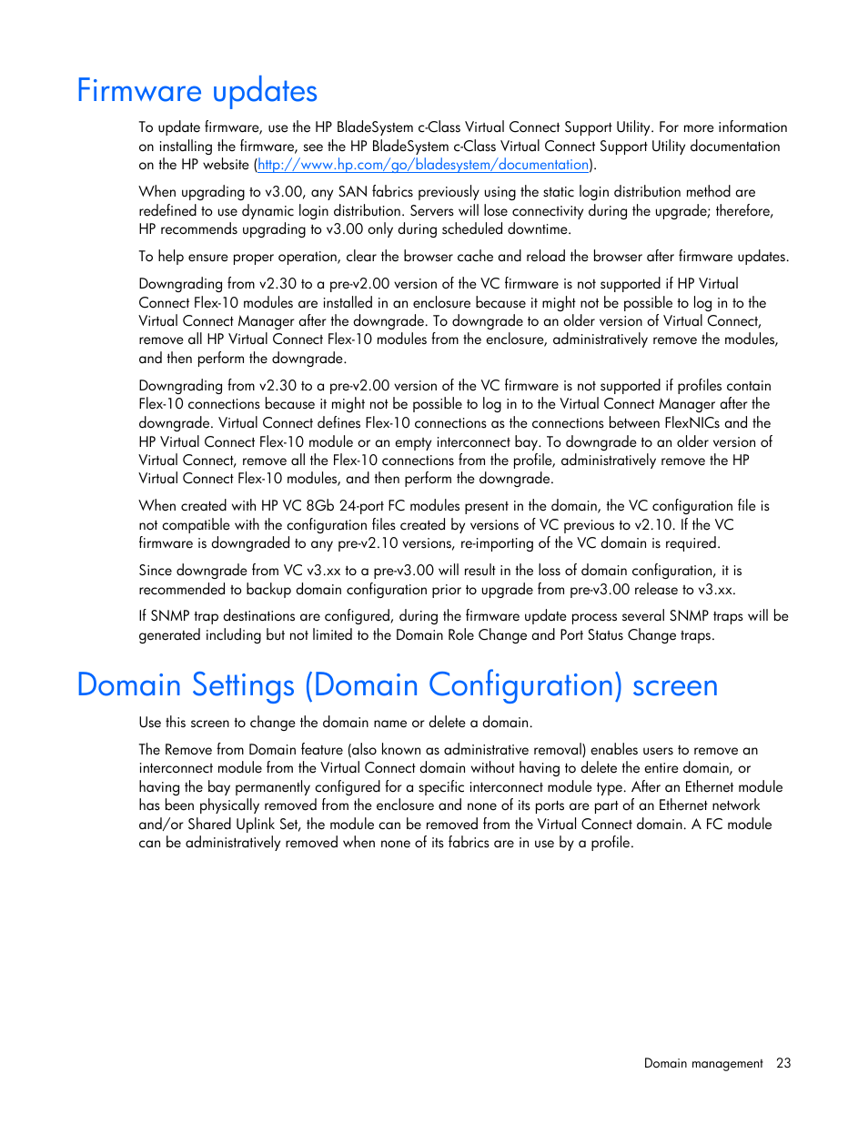 Firmware updates, Domain settings (domain configuration) screen | HP Virtual Connect 8Gb 24-port Fibre Channel Module for c-Class BladeSystem User Manual | Page 23 / 162