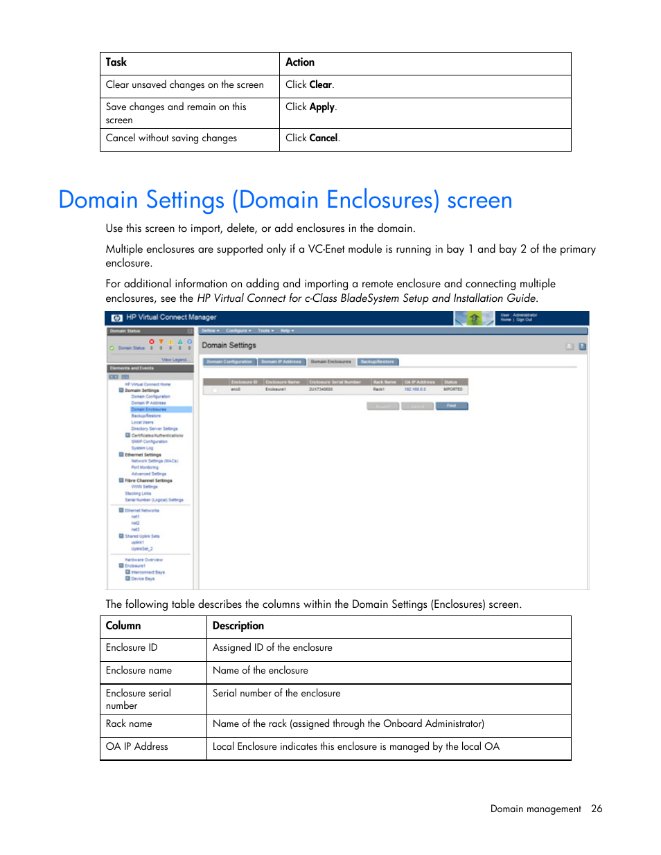 Domain settings (domain enclosures) screen | HP Virtual Connect 8Gb 24-port Fibre Channel Module for c-Class BladeSystem User Manual | Page 26 / 162
