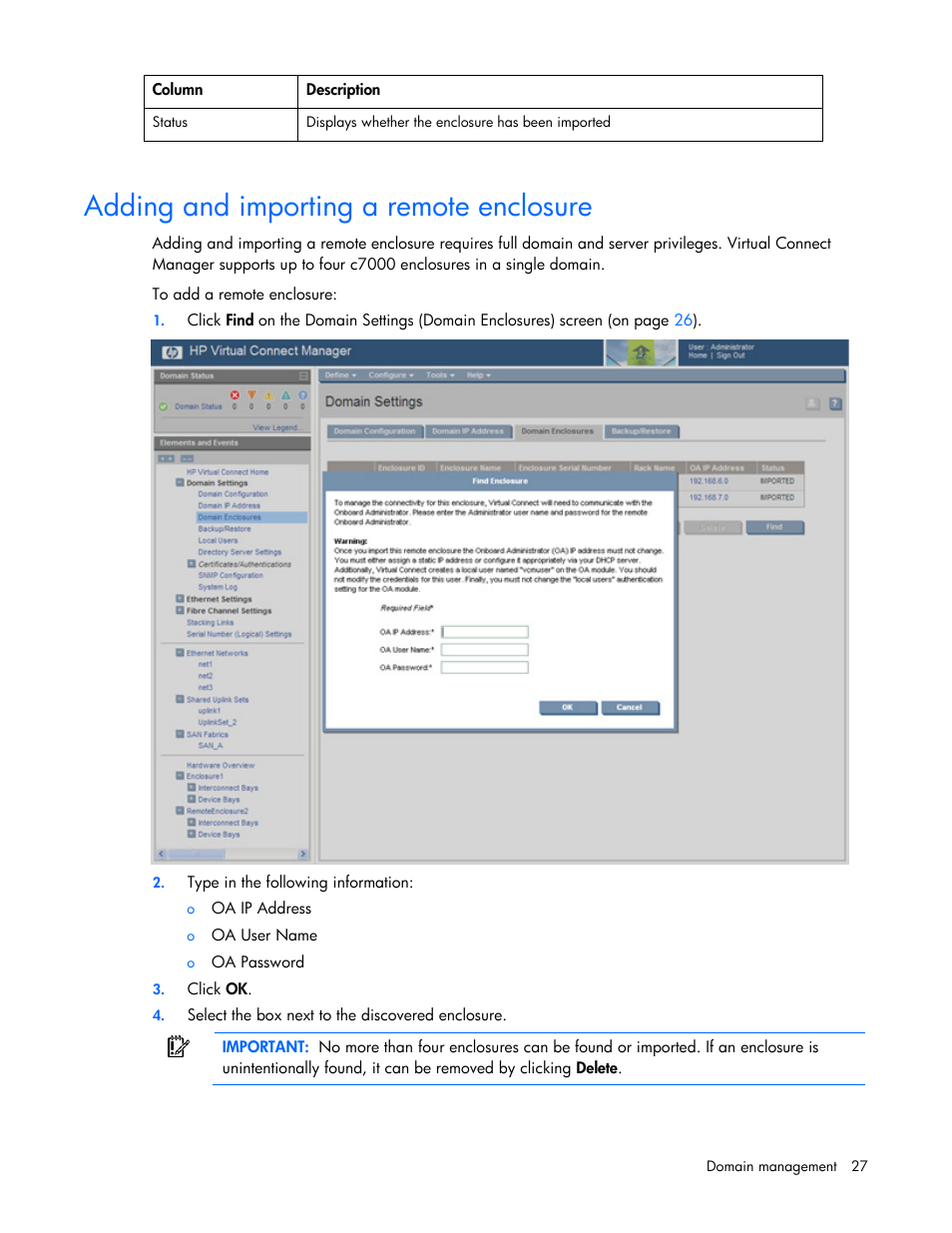 Adding and importing a remote enclosure | HP Virtual Connect 8Gb 24-port Fibre Channel Module for c-Class BladeSystem User Manual | Page 27 / 162