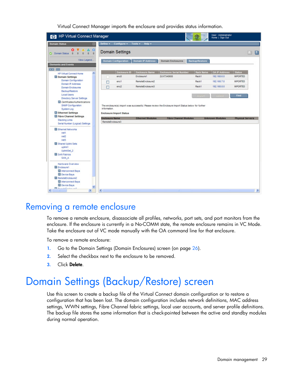 Removing a remote enclosure, Domain settings (backup/restore) screen | HP Virtual Connect 8Gb 24-port Fibre Channel Module for c-Class BladeSystem User Manual | Page 29 / 162