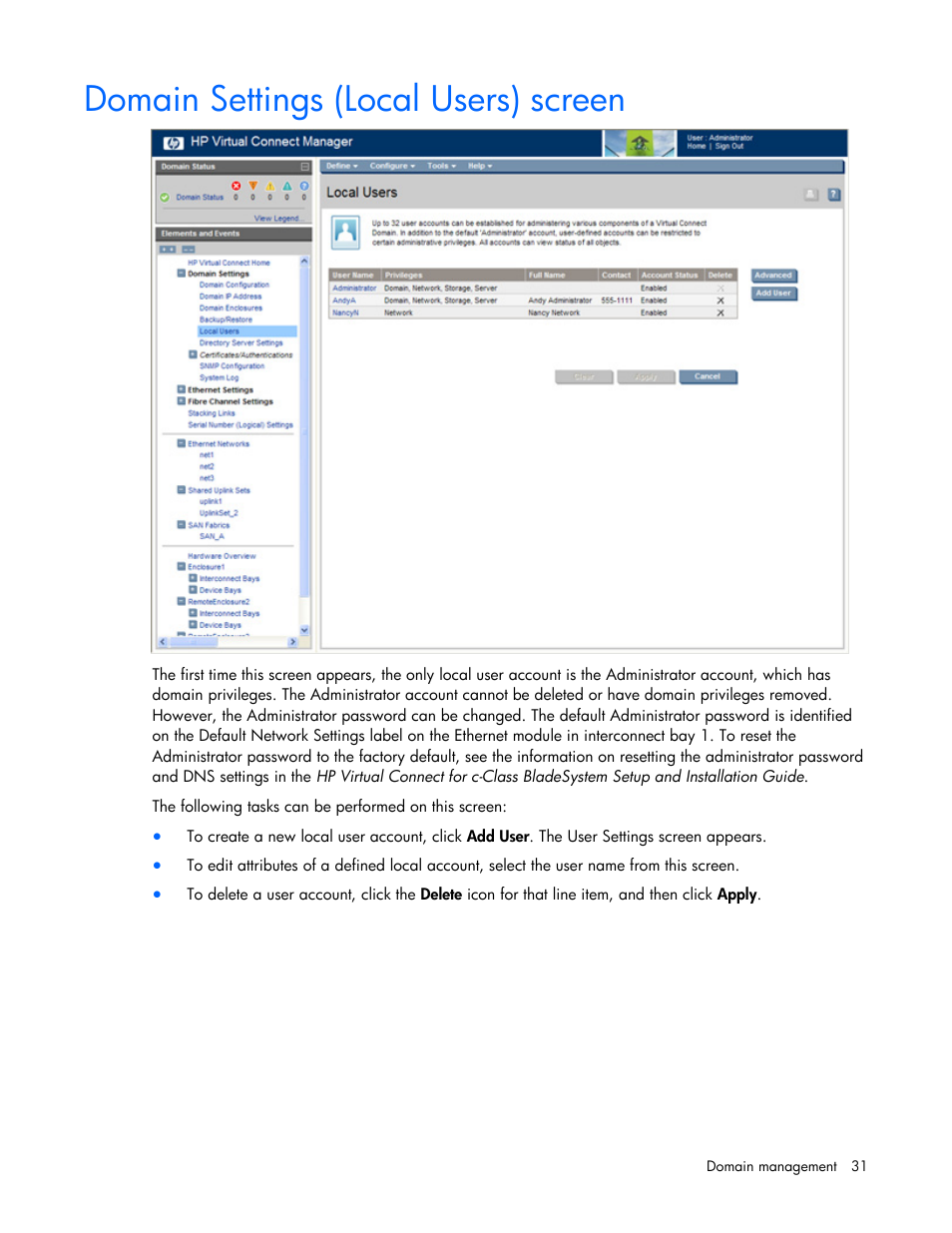 Domain settings (local users) screen | HP Virtual Connect 8Gb 24-port Fibre Channel Module for c-Class BladeSystem User Manual | Page 31 / 162