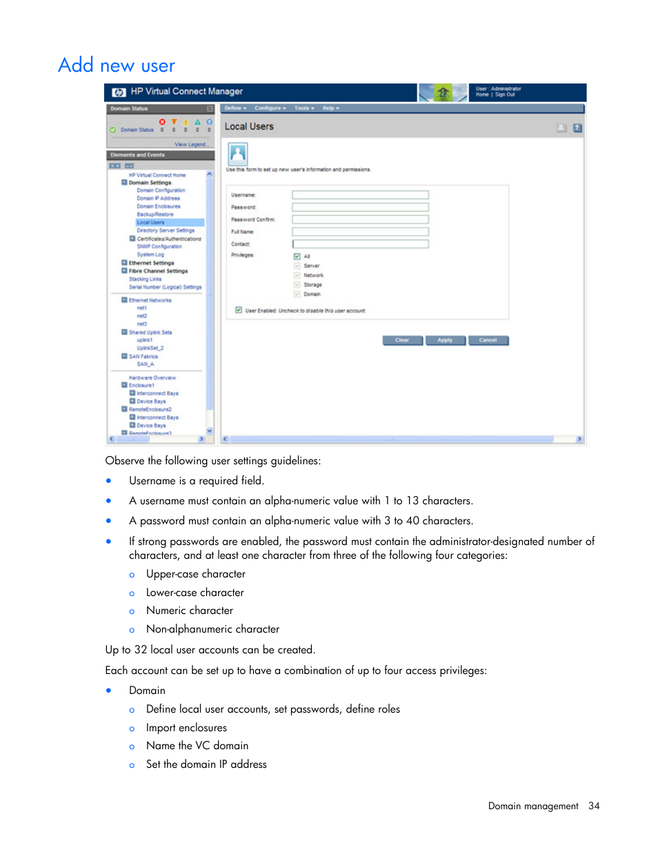 Add new user | HP Virtual Connect 8Gb 24-port Fibre Channel Module for c-Class BladeSystem User Manual | Page 34 / 162