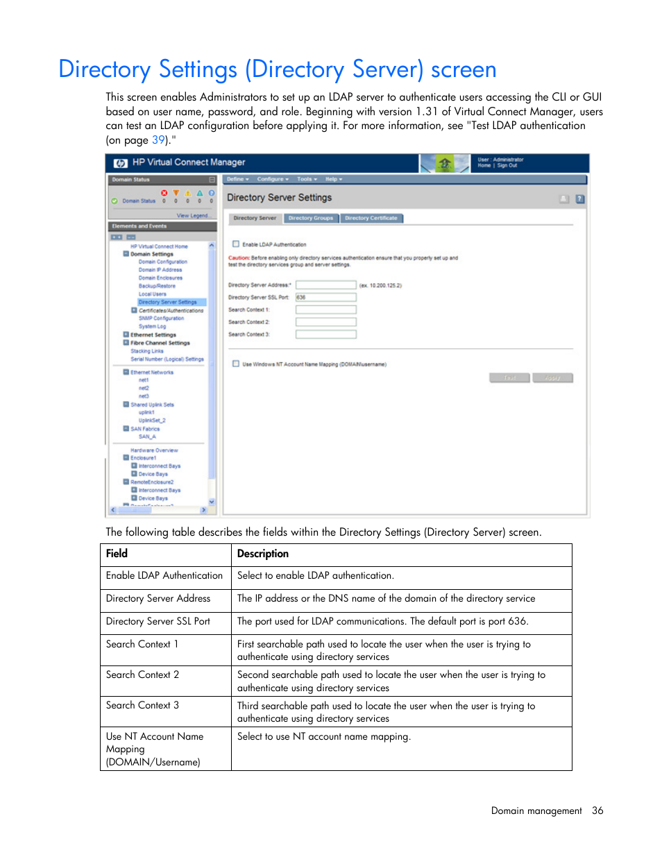 Directory settings (directory server) screen | HP Virtual Connect 8Gb 24-port Fibre Channel Module for c-Class BladeSystem User Manual | Page 36 / 162