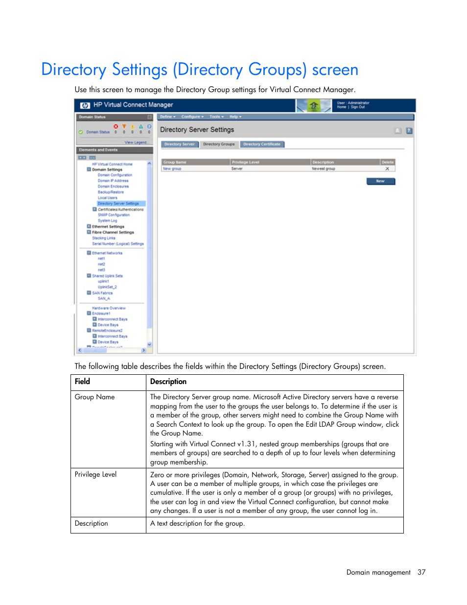 Directory settings (directory groups) screen | HP Virtual Connect 8Gb 24-port Fibre Channel Module for c-Class BladeSystem User Manual | Page 37 / 162