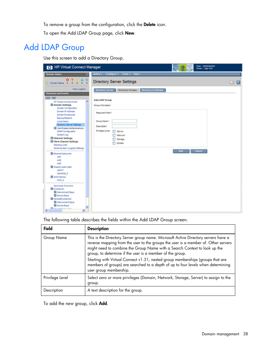 Add ldap group | HP Virtual Connect 8Gb 24-port Fibre Channel Module for c-Class BladeSystem User Manual | Page 38 / 162