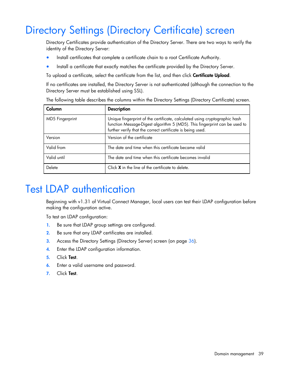 Directory settings (directory certificate) screen, Test ldap authentication | HP Virtual Connect 8Gb 24-port Fibre Channel Module for c-Class BladeSystem User Manual | Page 39 / 162