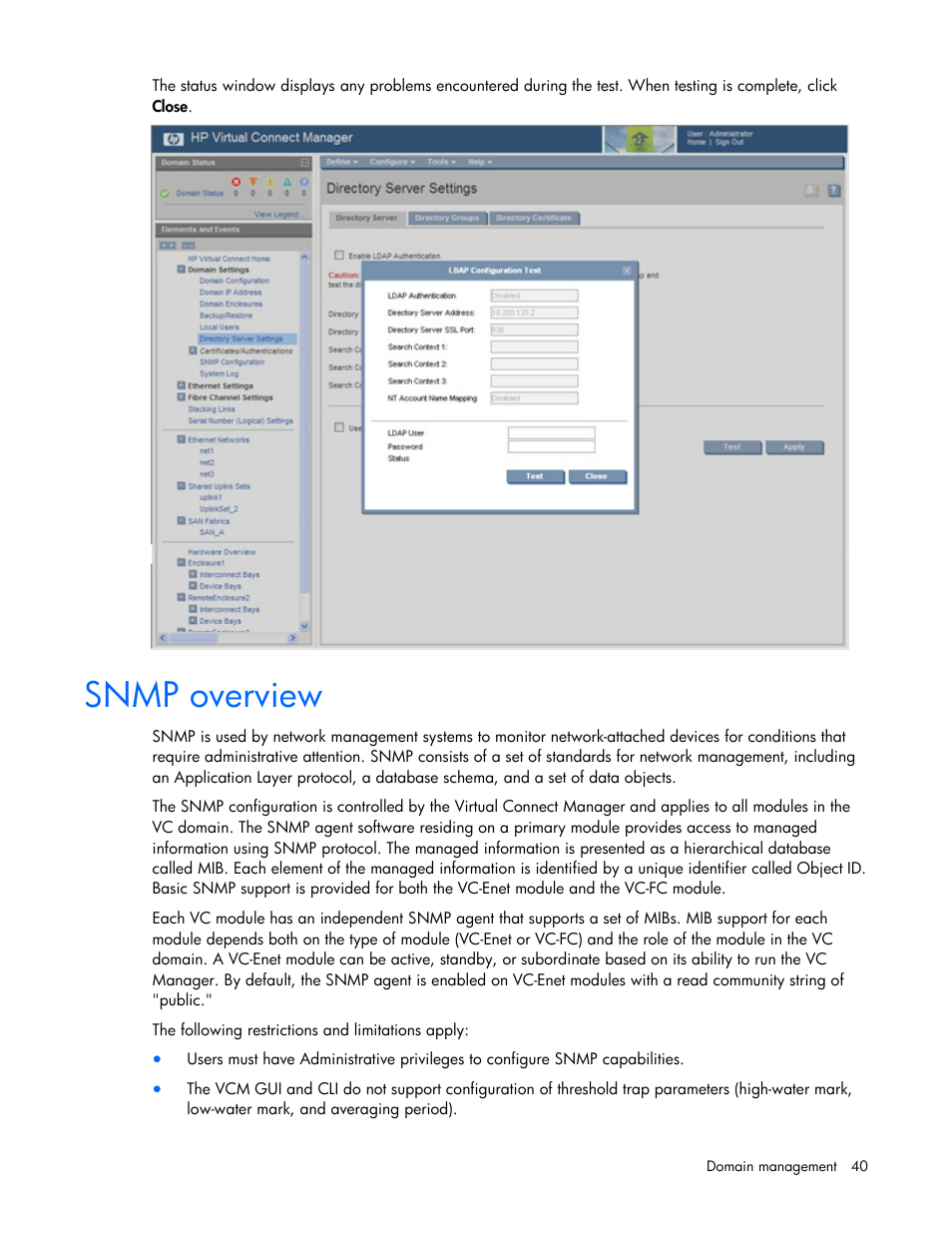 Snmp overview | HP Virtual Connect 8Gb 24-port Fibre Channel Module for c-Class BladeSystem User Manual | Page 40 / 162