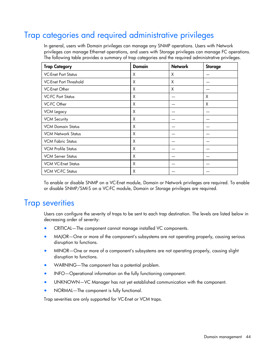 Trap severities | HP Virtual Connect 8Gb 24-port Fibre Channel Module for c-Class BladeSystem User Manual | Page 44 / 162