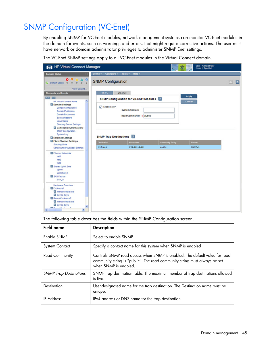 Snmp configuration (vc-enet) | HP Virtual Connect 8Gb 24-port Fibre Channel Module for c-Class BladeSystem User Manual | Page 45 / 162