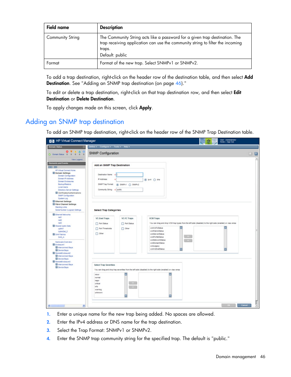 Adding an snmp trap destination | HP Virtual Connect 8Gb 24-port Fibre Channel Module for c-Class BladeSystem User Manual | Page 46 / 162