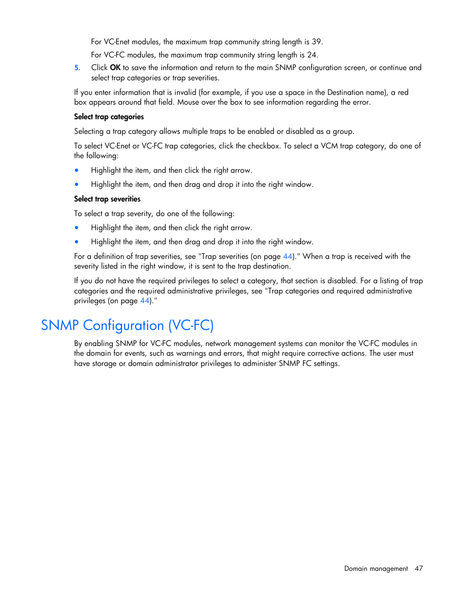 Snmp configuration (vc-fc) | HP Virtual Connect 8Gb 24-port Fibre Channel Module for c-Class BladeSystem User Manual | Page 47 / 162