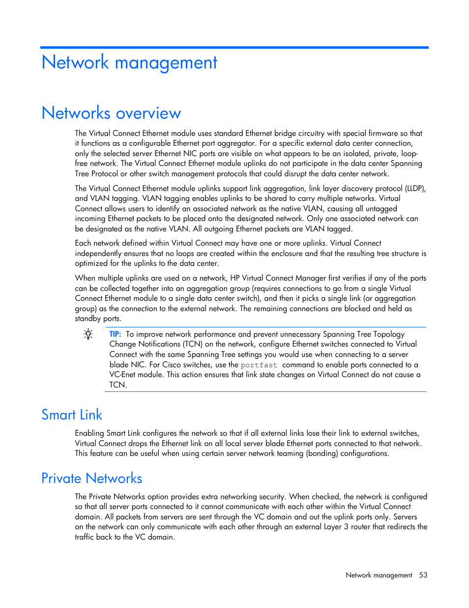 Network management, Networks overview, Smart link | Private networks, Smart link private networks | HP Virtual Connect 8Gb 24-port Fibre Channel Module for c-Class BladeSystem User Manual | Page 53 / 162