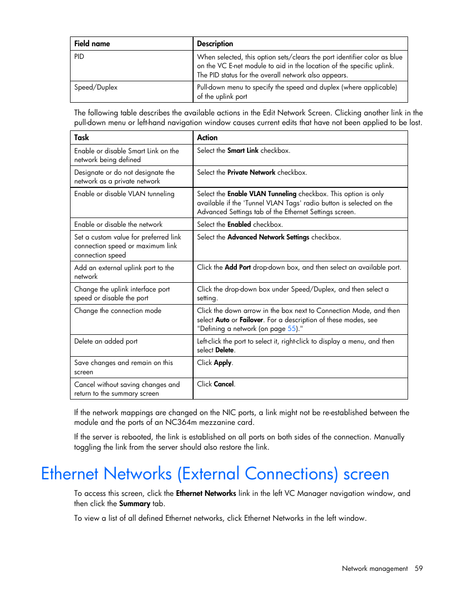 Ethernet networks (external connections) screen | HP Virtual Connect 8Gb 24-port Fibre Channel Module for c-Class BladeSystem User Manual | Page 59 / 162
