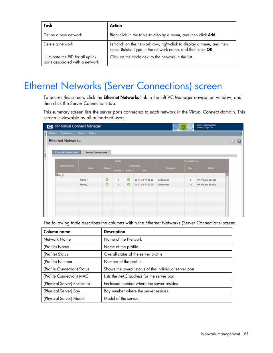 Ethernet networks (server connections) screen | HP Virtual Connect 8Gb 24-port Fibre Channel Module for c-Class BladeSystem User Manual | Page 61 / 162