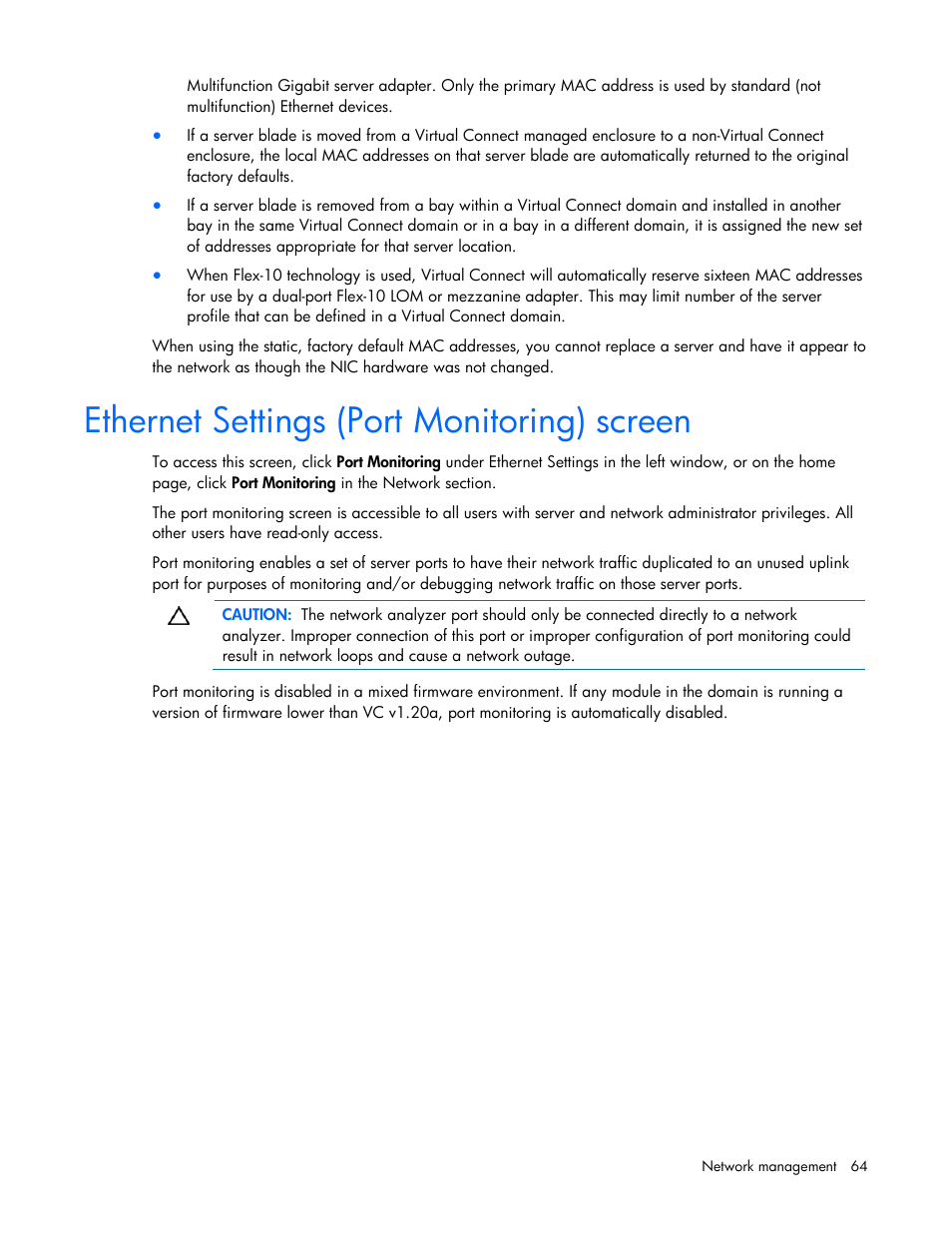 Ethernet settings (port monitoring) screen | HP Virtual Connect 8Gb 24-port Fibre Channel Module for c-Class BladeSystem User Manual | Page 64 / 162