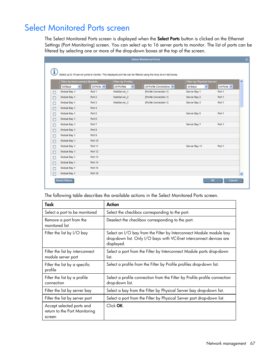 Select monitored ports screen | HP Virtual Connect 8Gb 24-port Fibre Channel Module for c-Class BladeSystem User Manual | Page 67 / 162