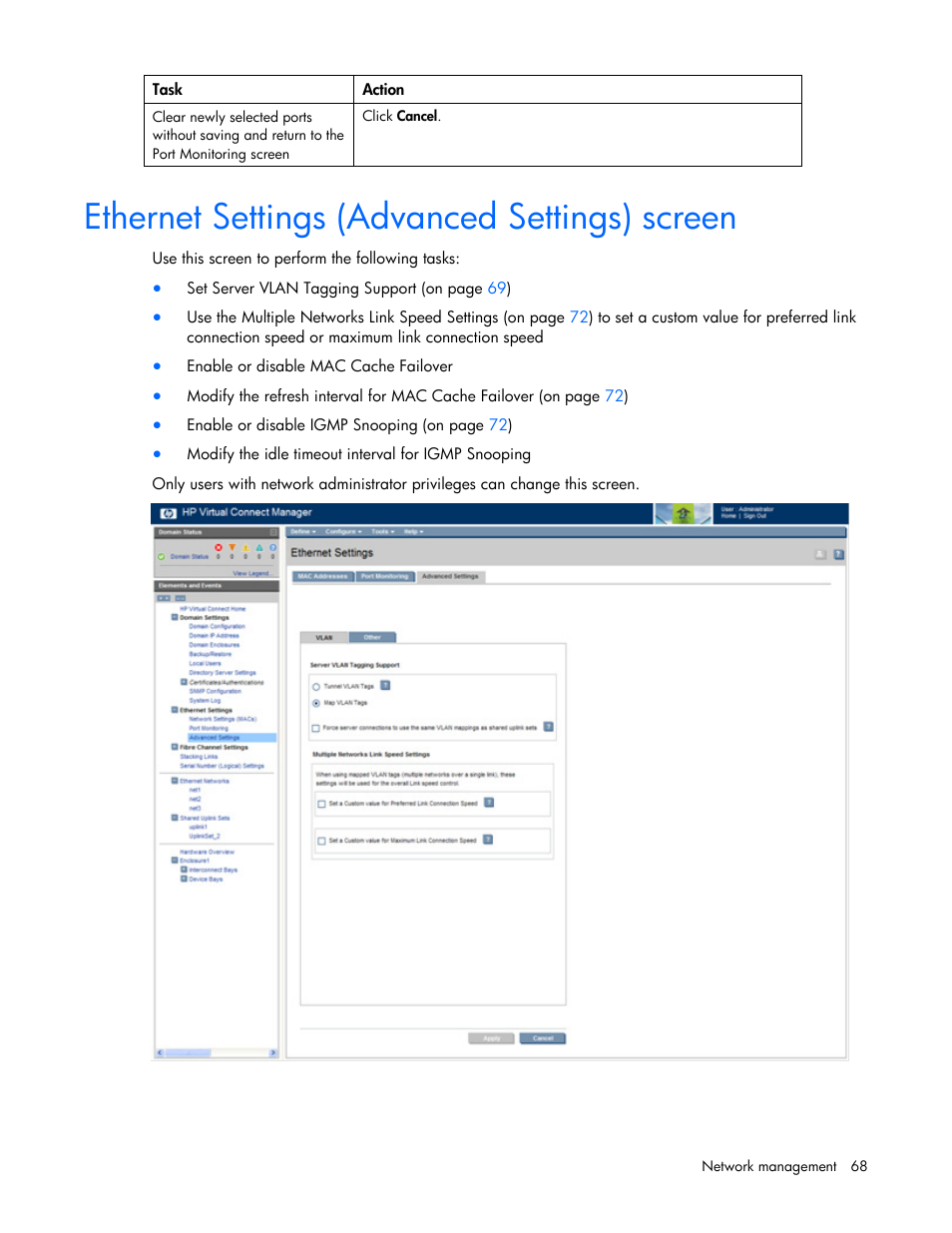 Ethernet settings (advanced settings) screen | HP Virtual Connect 8Gb 24-port Fibre Channel Module for c-Class BladeSystem User Manual | Page 68 / 162