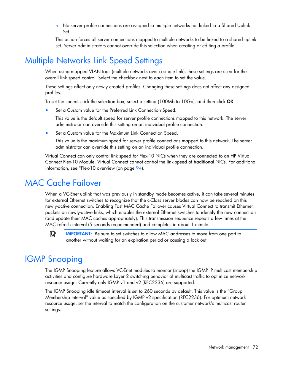 Multiple networks link speed settings, Mac cache failover, Igmp snooping | HP Virtual Connect 8Gb 24-port Fibre Channel Module for c-Class BladeSystem User Manual | Page 72 / 162