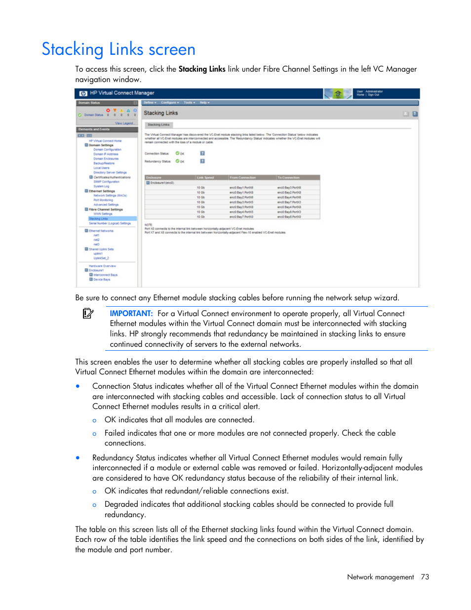 Stacking links screen | HP Virtual Connect 8Gb 24-port Fibre Channel Module for c-Class BladeSystem User Manual | Page 73 / 162