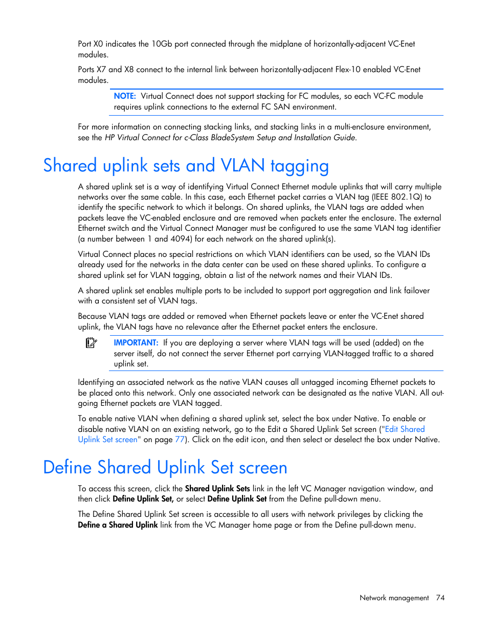 Shared uplink sets and vlan tagging, Define shared uplink set screen | HP Virtual Connect 8Gb 24-port Fibre Channel Module for c-Class BladeSystem User Manual | Page 74 / 162