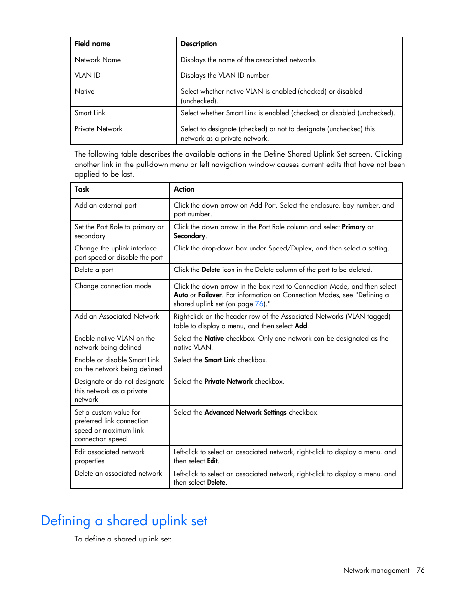 Defining a shared uplink set | HP Virtual Connect 8Gb 24-port Fibre Channel Module for c-Class BladeSystem User Manual | Page 76 / 162